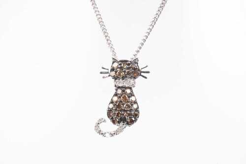 A diamond cat pendant in 10ct white gold on 9ct white gold necklace.