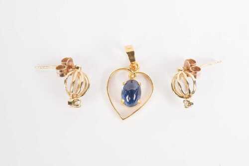 A sapphire heart pendant in 22ct yellow gold and a pair of cage style earrings in 9ct yellow gold.