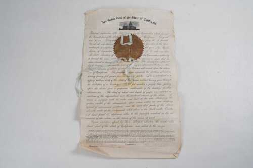 An antique document outlining the State of California's seal
