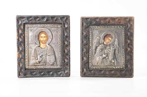 Two religious icons with 950 silver revetment covers, in the Byzantine style
