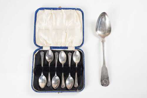 Set of six English sterling silver spoons, and Finnish silver spoon. Weight 118g