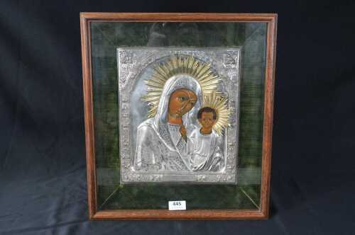 A 20th century Russian icon with 19th century 84 zolotnik (875) silver Riza (revetment cover)