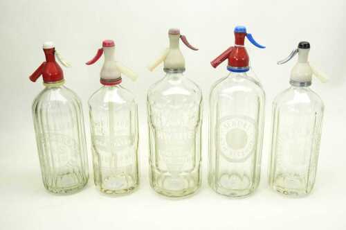 Five vintage soda siphons including Superior, Phillips & Stone, Thwaites, Slades etc.