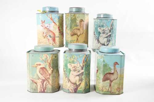 Six vintage Bushell's tea tins