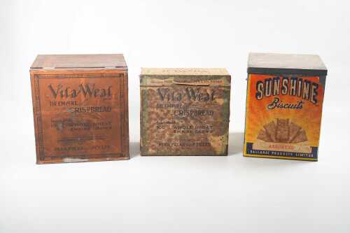 Three vintage tins including Sunshine Biscuits and Vita Weat