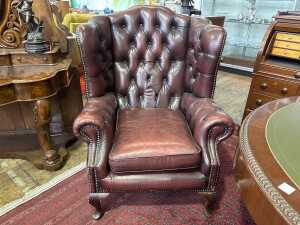 A Gascoigne button back leather wingback armchair & footstool - 2