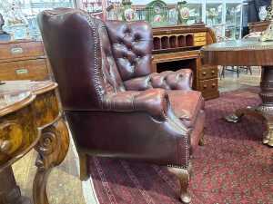 A Gascoigne button back leather wingback armchair & footstool - 4
