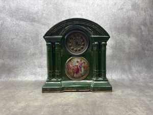An antique English Royal Warwick green and gilt ceramic clock and garniture set - 2