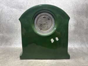 An antique English Royal Warwick green and gilt ceramic clock and garniture set - 3