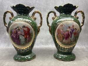 An antique English Royal Warwick green and gilt ceramic clock and garniture set - 4