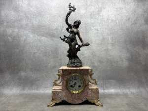 An antique French pink marble clock and garniture set - 2
