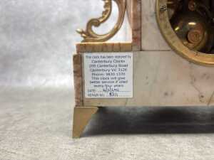 An antique French pink marble clock and garniture set - 4