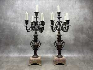 An antique French pink marble clock and garniture set - 5