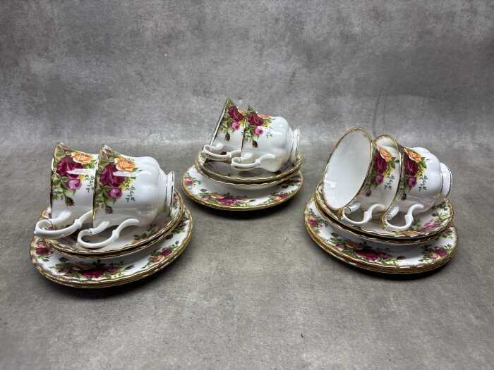 Six Royal Albert Old Country Roses porcelain trios.