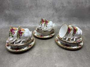 Six Royal Albert Old Country Roses porcelain trios.