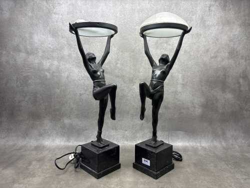 Pair of Art Deco style painted bronze figural table lamps on marble bases