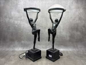 Pair of Art Deco style painted bronze figural table lamps on marble bases