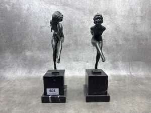 Pair of Art Deco style painted bronze figures on marble bases - 3