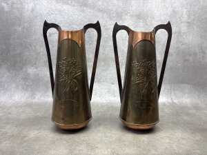 Three Art Nouveau brass vases including pair with repousse wattle design - 2