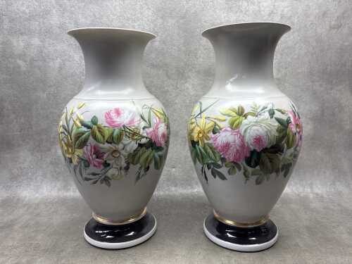 Pair of antique porcelain vases with hand painted floral decoration