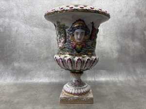 A Capodimonte Italian porcelain urn with hand painted relief scenes of puttis dancing and camping - 2