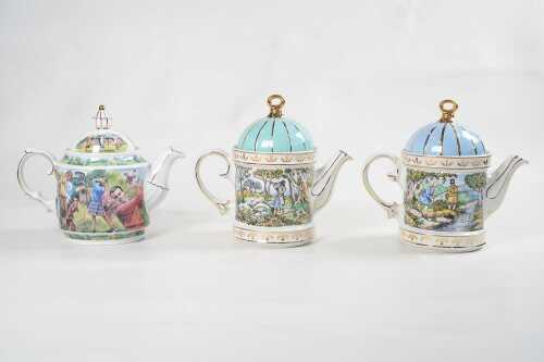 Three Sadler Sporting Scenes series porcelain teapots
