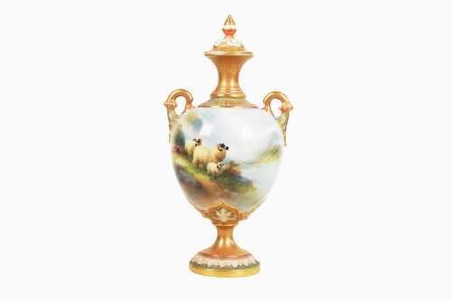 1907 Harry Davis Royal Worcester twin handled and lidded porcelain vase