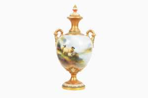 1907 Harry Davis Royal Worcester twin handled and lidded porcelain vase