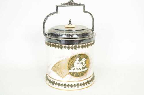 Antique Doulton ceramic biscuit barrel and silver plated mount and lid