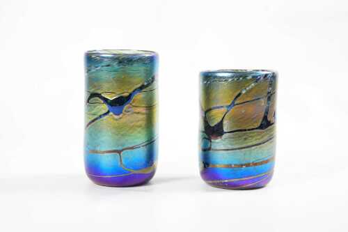 Colin Heaney, two hand blown iridescent glass tumblers