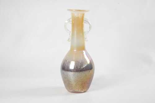 Grecian-style hand blown iridescent glass twin handled vase