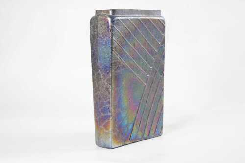 An iridescent glass rectangular slab vase