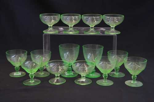 Group of depression era green uranium glass footed glasses