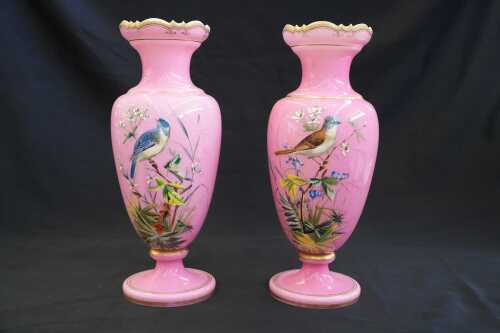 A pair of Victorian hand painted glass vases with gilt decoration