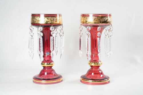 Pair of Bohemian cranberry glass lustres