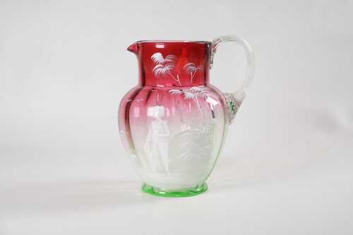 Antique Mary Gregory uranium and cranberry glass jug