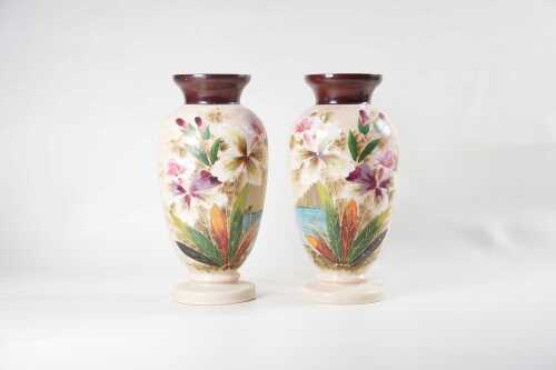 Pair of antique hand painted glass vases with floral design