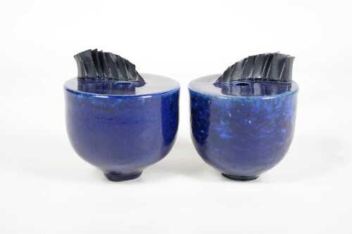 Pair of contemporary crystalline glazed pottery candleholders