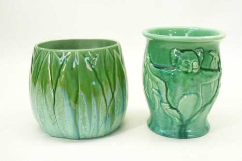 Two Melrose Ware green glazed vases