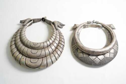 Three Hmong (Miao Zu) ceremonial silver tone torque neck rings
