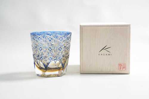 A Kagami Kasaneirome Ogiku (chrysanthemum in abundance) Japanese blue cut to clear crystal and amber summerso whisky tumbler