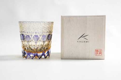 A Kagami Kasaneirome Shihou Japanese purple cut to clear crystal and amber summerso whisky tumbler
