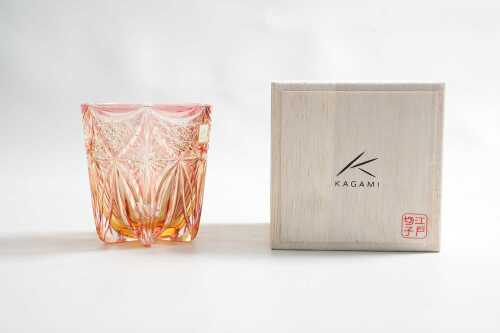 A Kagami Kasaneirome Kirara Japanese pink cut to clear crystal and amber summerso whisky tumbler