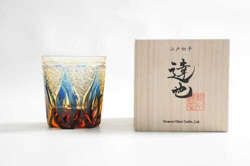 A Nemoto Glass Crafts Shizuku (droplet) Japanese blue cut to clear crystal and amber summerso whisky tumbler