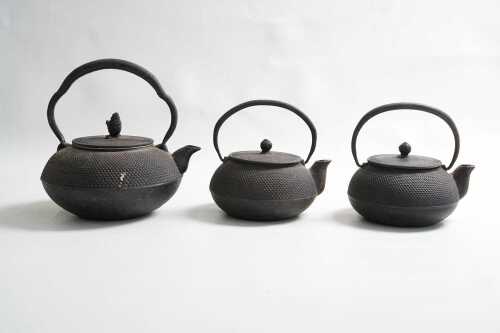 Three antique Japanese tetsubin cast iron teapots