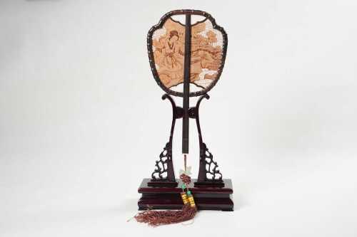 Chinese fan with pokerwork and pierced camphor panel