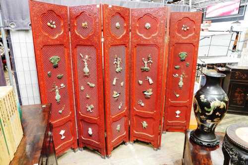 Chinese cinnabar style carved red lacquer six panel screen