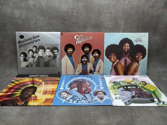 Six funk and soul vinyl records