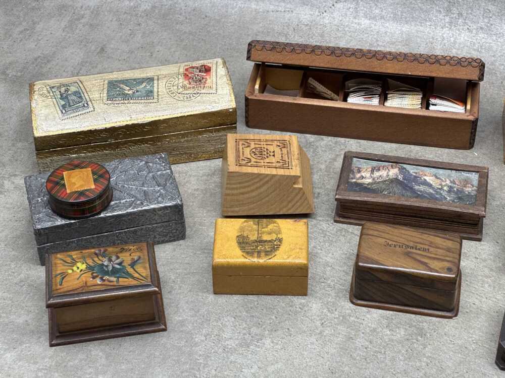 A collection of timber stamp boxes