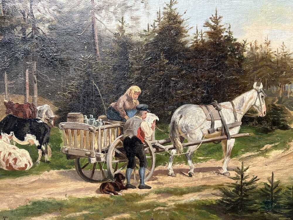 Artist unknown, German rural scene, 1893. Antique oil painting on canvas
